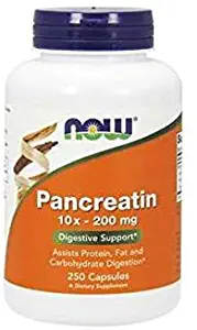 NOW Supplements, Pancreatin 10X 200 mg with naturally occurring Protease (Protein Digesting), Amylase (Carbohydrate Digesting), and Lipase (Fat Digesting) Enzymes, 250 Capsules