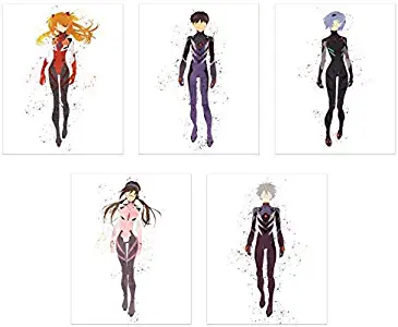 Watercolor Neon Genesis Evangelion Rebuild Poster Prints - Set of 5 (8x10) Minimalist EVA Pilot Anime Fanart Wall Art Decor - Asuka Langley - Kaworu Nagisa - Shinji Ikari - Rei Ayanami - Mari Makinami