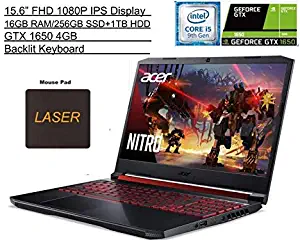 2020 Newest Acer Nitro 5 15.6 FHD Gaming Laptop, 9th Gen Intel Quad Core i5-9300H, NVIDIA GeForce GTX 1650, 16GB RAM, 256GB SSD+1TB HDD, WiFi 6, MaxxAudio, Backlit Keyboard, Windows 10 +Laser MousePad