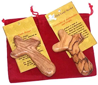 Two Olive Wood Comfort Crosses with Velvet Bags & Lord's Prayer Card - The Holding or Hand Cross (4 inches) - Large