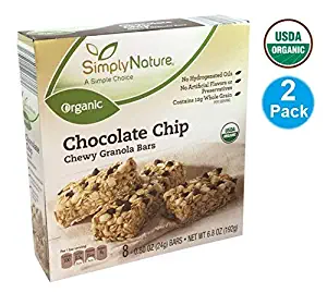 SimplyNature USDA Organic Chocolate Chip Chewy GRANOLA BARS each (0.80 oz) or (24g) - 2 PACK of 8 bars, 16 bars total (384g)