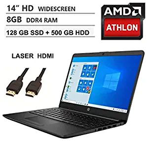 2020 Newest HP 14 Inch Premium Laptop, AMD Athlon Silver 3050U up to 3.2 GHz(Beat i5-7200U), 8GB DDR4 RAM, 128GB SSD+500GB HDD, Bluetooth, Webcam,WiFi,Type-C, HDMI, Windows 10 S, Black + Laser HDMI