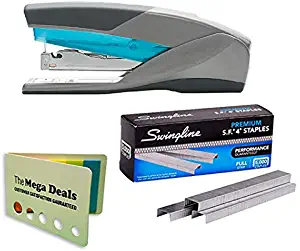 Swingline Stapler, Optima 25, Full Size Desktop Stapler, 25 Sheet Capacity, Reduced Effort, Blue/Gray | Swingline Staples, S.F. 4, Premium, 1/4" Length, 210/Strip, 5000/Box | Includes 5 Color Flag Set