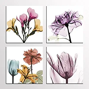 YPY Floral Canvas Wall Art Ready to Hang for Bedroom Living Room Multi Colorful Flickering Flowers 4 Panels Home Decor 12x12inch