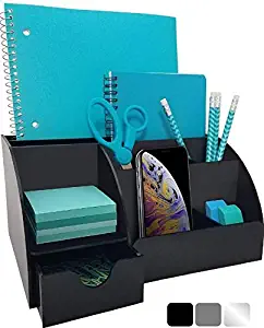 Acrylic Office Desk Organizer with Drawer, 9 Compartments, All in One Office Supplies and Cool Desk Accessories Organizer, Enhance Your Office Decor with This Desktop Organizer (Black)
