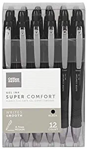 Office Depot Super Comfort Grip Retractable Gel Pens, Medium Point, 0.7 mm, Black Barrel, Black Ink, Pack Of 12