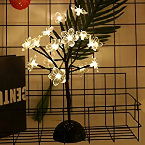 Lxcom Cherry Blossom Desk Top Bonsai Tree Light 0.36M/14Inch 24LEDs Cherry Blossom Tree Table Lamp Black Branches Battery Powered for Christmas Party Wedding Office Home, Warm White