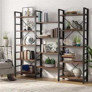 YELITE Triple Wide 5-Shelf Bookcase, Etagere Large Open Bookshelf Vintage Industrial Style Shelves Wood and Metal bookcases Furniture for Home & Office, Retro Brown