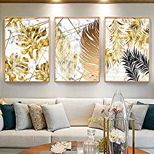 Unframed 3Set Gold Leaf Print Wall Art, Plant Wall décor Canvas for Office, Plant Leaf Canvas Print Wall Art Décor, Leaf Picture Oil Painting Wall Mural for Living Room. (16” x20”)