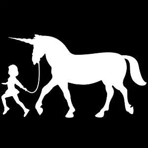 Girl Leading A Unicorn Vinyl Decal Sticker | Cars Trucks Vans SUVs Laptops Walls Windows Cups | White | 7 X 4 | KCD2151