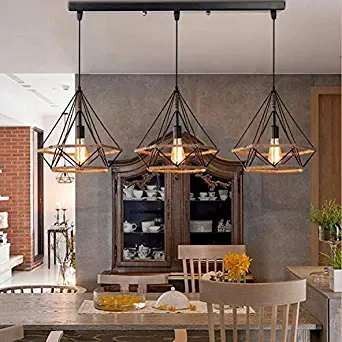 Industrial Diamond Wire Frame Pendant Light, CraftThink Manila Rope 3 Heads Black Ceiling Pendant for Dining Table Restaurant Island Bar Office-Linear