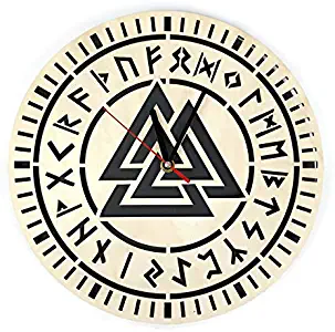 Valknut Vikings Symbol Art Silent Wood Wall Clock - Original Home Office Living Room Bedroom Kitchen Decor - Best Birthday Gift for Friends Men Woman - Unique Wall Art Design - Size 12 Inch