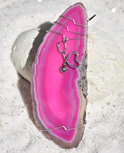 Agate Slice Ornament with Silver Heart Shaped Stethoscope Charm for a Nurse, Doctor, Cardiologist, or Medical Professional - Choose Agate Slice Color Aqua, Pink, Purple or Natural - Made to Order